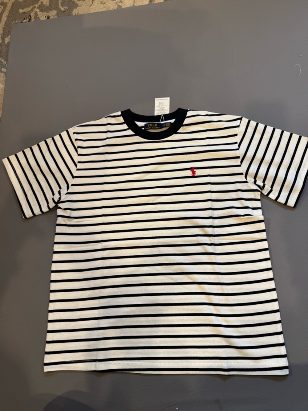 Polo by Ralph Lauren White & Navy Striped Short Sleeve Tee with Red Pony